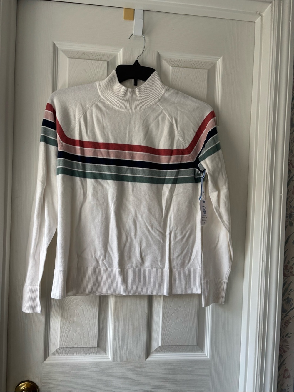 Southern Tide Cream Mock Neck Sweater with Multi-Stripe Chest